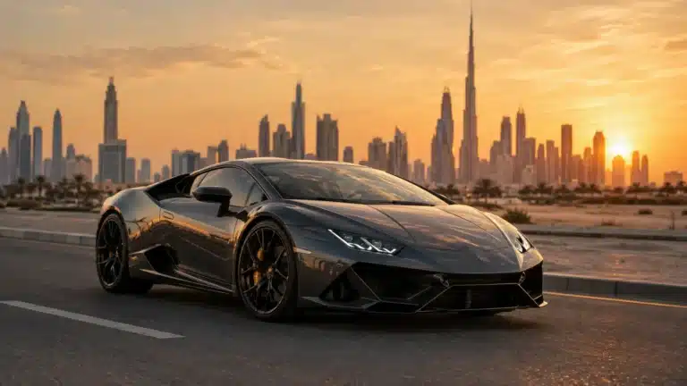 Sunset Supercar Over Dubai Skyline
