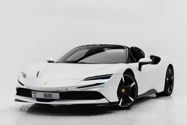 White Ferrari no deposit hire at First Super Car Rental Dubai